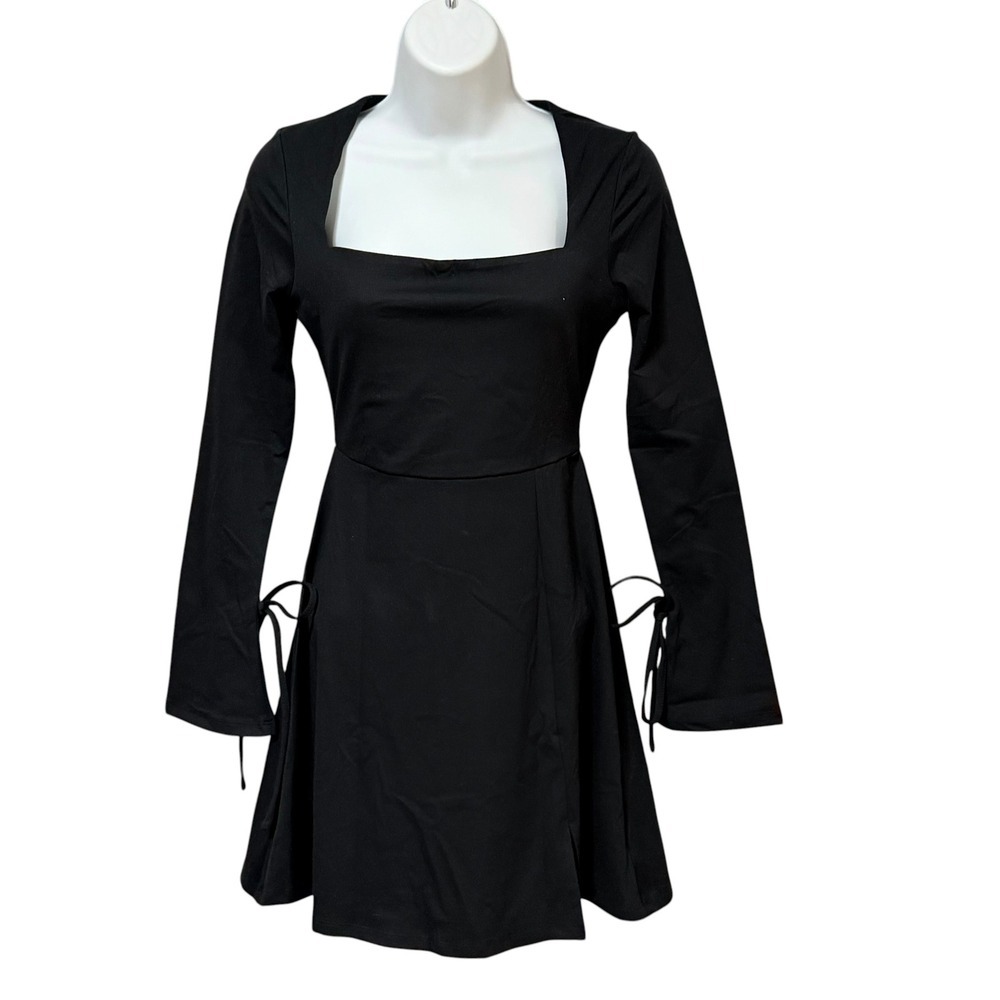 Aotasely Womens Black Square Neck Long Sleeve Mini Dress XS Elbow Tie Slit NEW